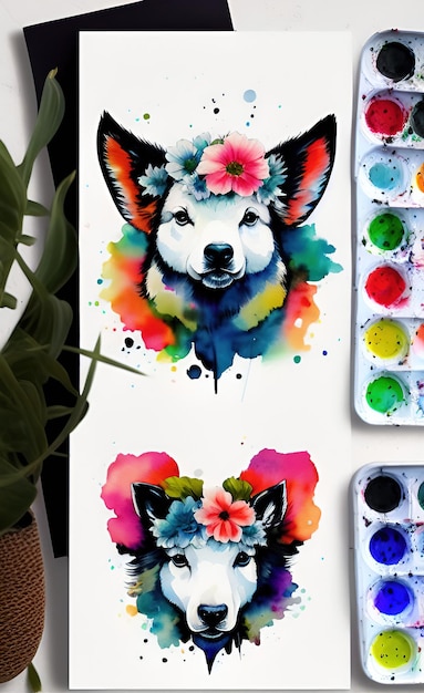 Ein Aquarellbild eines Hundes mit Blumen darauf