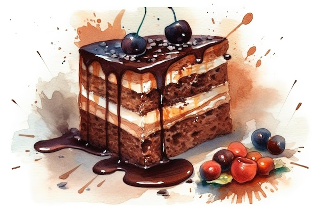 Ein Aquarellbild eines Kuchens mit Schokoladensauce und Kirschen.