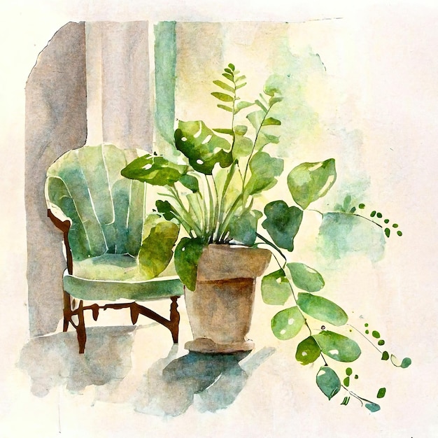 Ein Aquarellbild eines Stuhls und einer Pflanze.