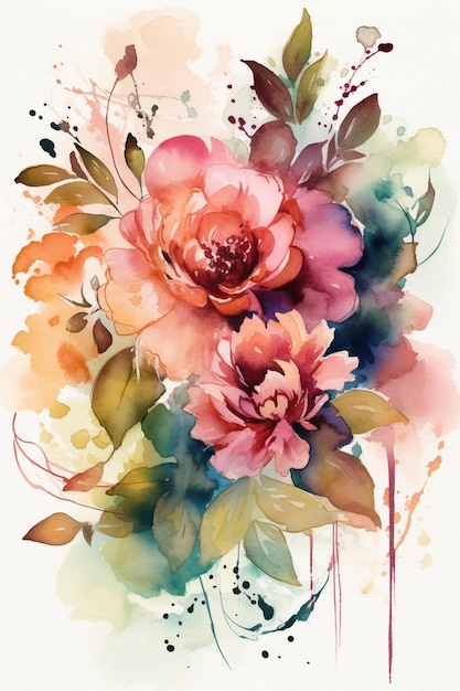 Ein Aquarellbild von Blumen mit Blättern und dem Wort Liebe darauf.