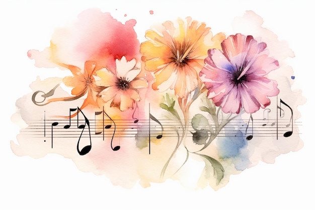 Ein Aquarellbild von Blumen mit der Aufschrift „Musik“.