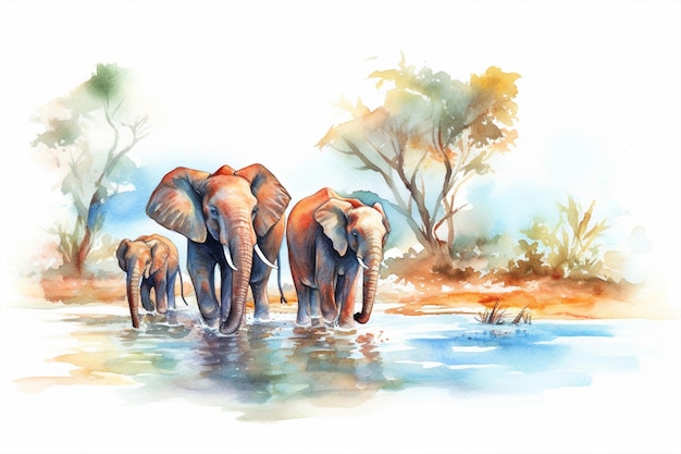 Ein Aquarellbild von Elefanten in einem Fluss