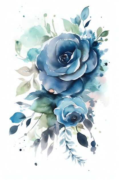 Ein Aquarellgemälde aus blauen Rosen mit dem Wort Liebe darauf.