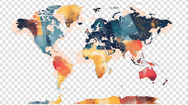 Ein Aquarellgemälde der Weltkarte in gedämpften Farben Die Länder sind schwarz umrissen und mit verschiedenen Farben gefüllt
