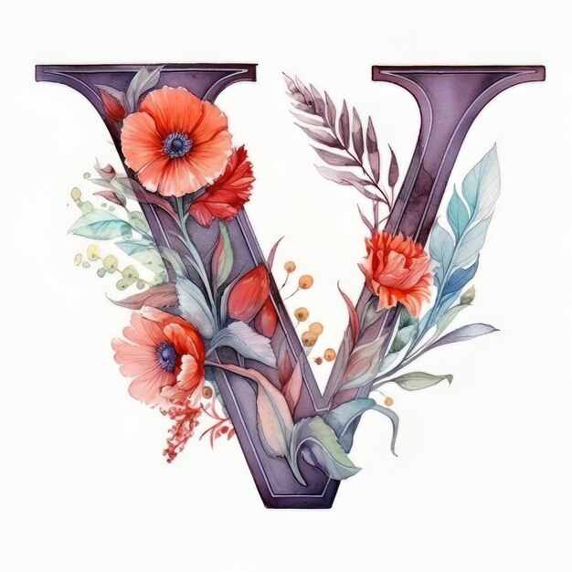 Ein Aquarellgemälde des Buchstabens w mit Blumen und Blättern.