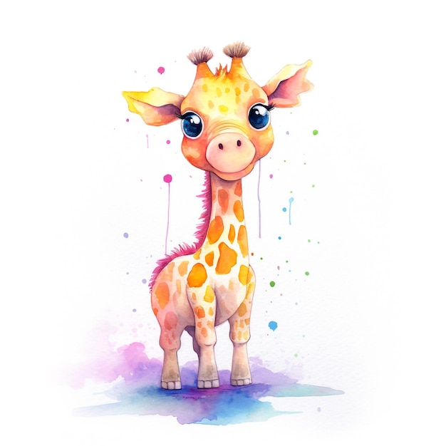 Ein Aquarellgemälde einer Babygiraffe mit blauer Nase.