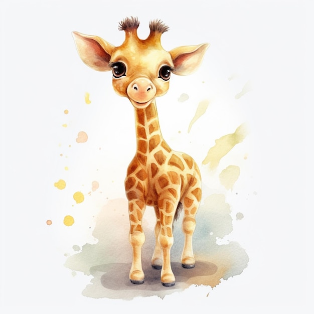 Ein Aquarellgemälde einer Babygiraffe mit brauner Nase und braunen Augen.