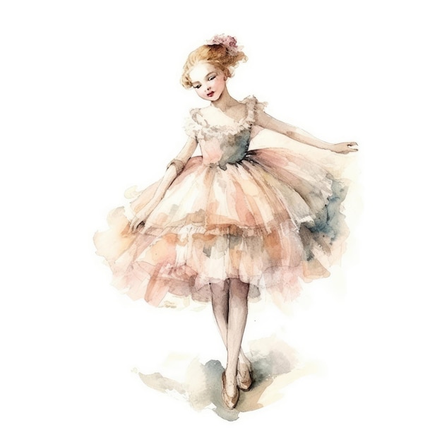 Ein Aquarellgemälde einer Ballerina in einem rosa Kleid.