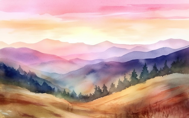 Ein Aquarellgemälde einer Berglandschaft mit einem farbenfrohen Himmel und der Sonne, die durch die Bäume scheint.