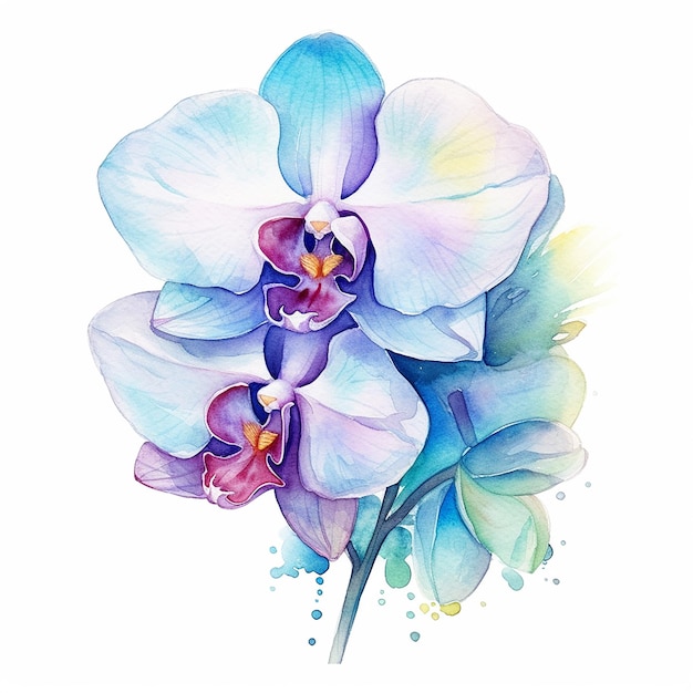 Ein Aquarellgemälde einer blauen Orchideenblume mit einer lila und blauen Blume.