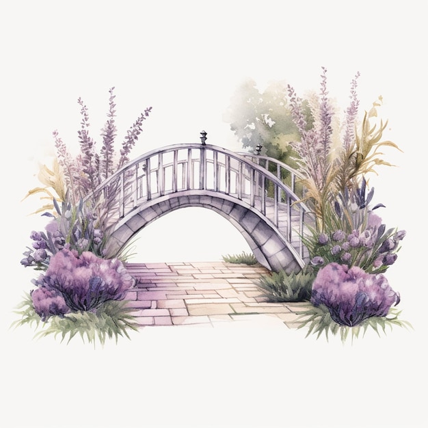 Ein Aquarellgemälde einer Brücke mit Blumen im Hintergrund.