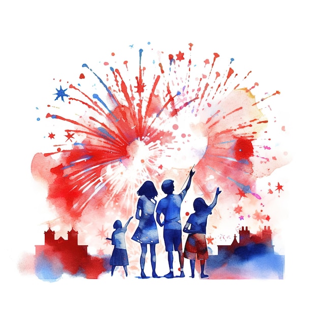 Foto ein aquarellgemälde einer familie, die sich ein feuerwerk anschaut