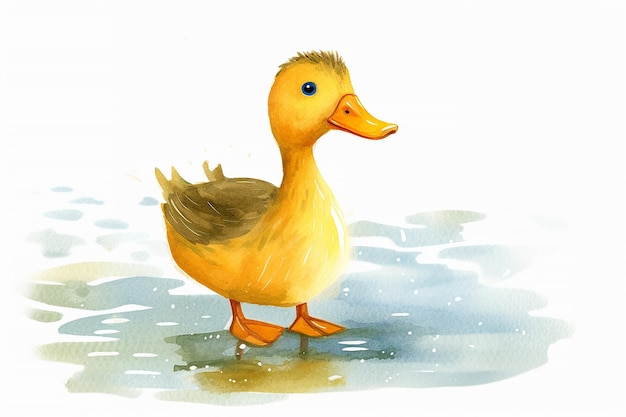 Ein Aquarellgemälde einer gelben Ente mit orangefarbenen Füßen und blauen Augen