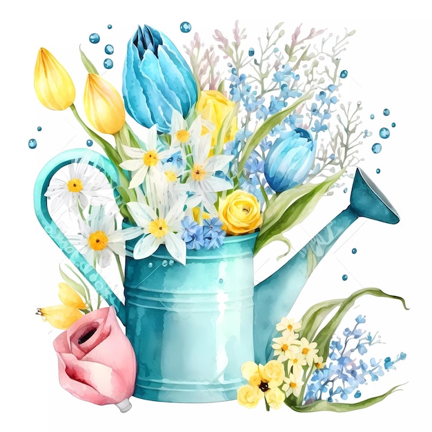 Ein Aquarellgemälde einer Gießkanne mit Blumen und Tulpen.