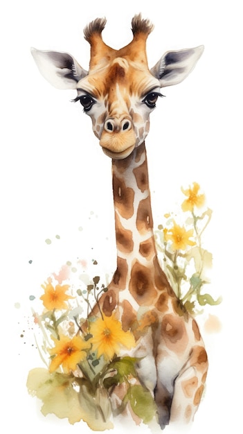 Ein Aquarellgemälde einer Giraffe mit schwarzen Augen und einem weißen Hintergrund.