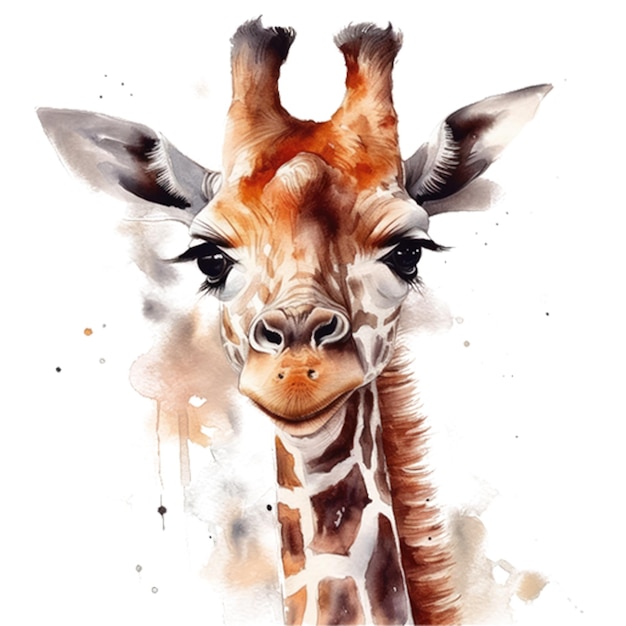 Ein Aquarellgemälde einer Giraffe mit schwarzer Nase.