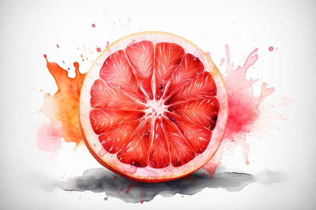 Ein Aquarellgemälde einer Grapefruit mit rotem Streifen.