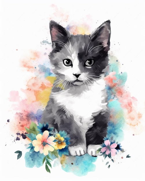 Ein Aquarellgemälde einer grau-weißen Katze mit Blumen auf der Vorderseite.