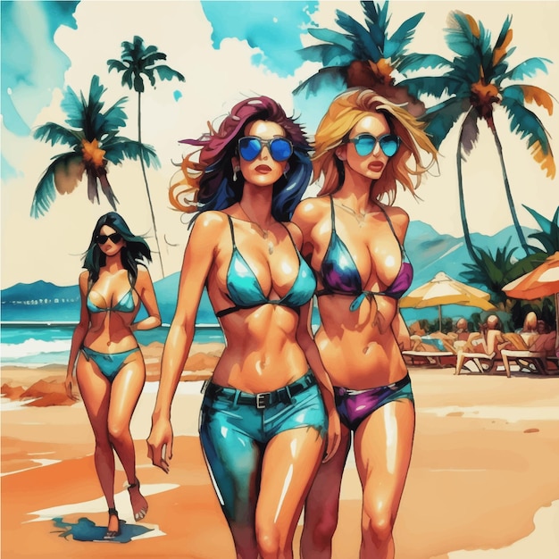 ein Aquarellgemälde einer Gruppe von Bikini-Frauen, die an einem Strand mit Palmen im Hintergrund spazieren gehen