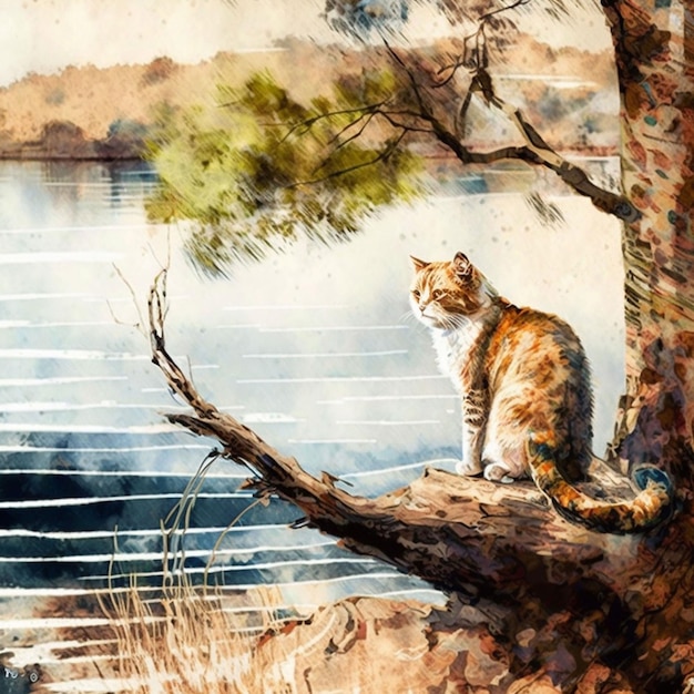 Ein Aquarellgemälde einer Katze auf einem Ast am See.