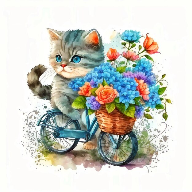 Ein Aquarellgemälde einer Katze auf einem Fahrrad mit einem Blumenkorb.