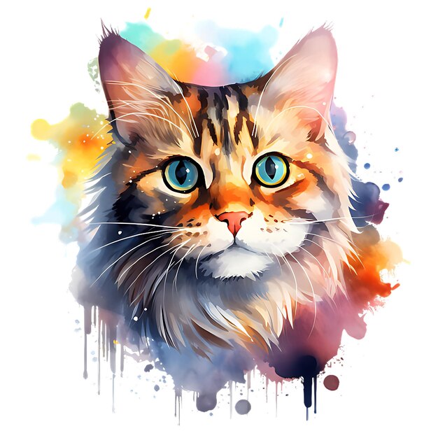 Ein Aquarellgemälde einer Katze, ein farbiger Spritzer, ein mehrfarbiger, abstrakter, digitaler Kunst, ein Spritzer Farbe.