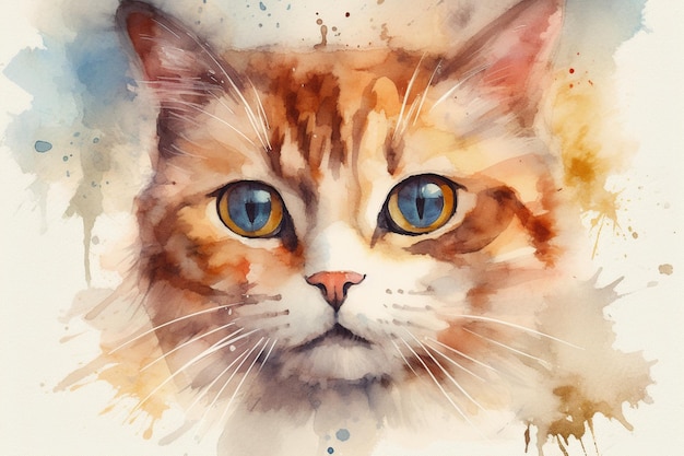 Ein Aquarellgemälde einer Katze mit gelben Augen