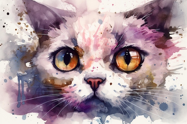 Ein Aquarellgemälde einer Katze mit orangefarbenen Augen