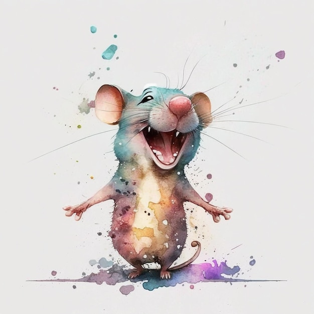 Ein Aquarellgemälde einer lächelnden Maus mit offenem Mund.
