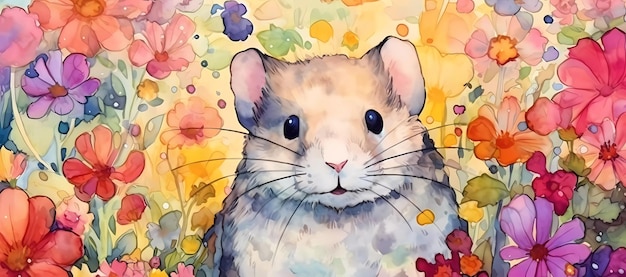 Ein Aquarellgemälde einer Maus mit langen Schnurrhaaren.