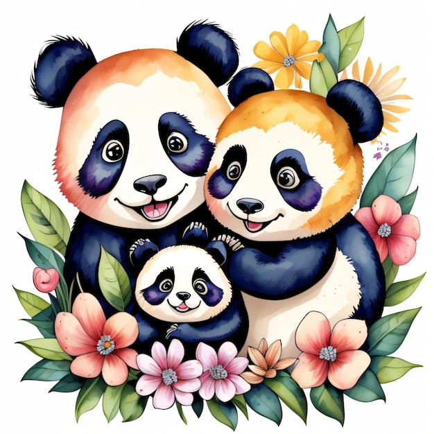 Ein Aquarellgemälde einer Panda-Familie mit Blumen und Blättern.