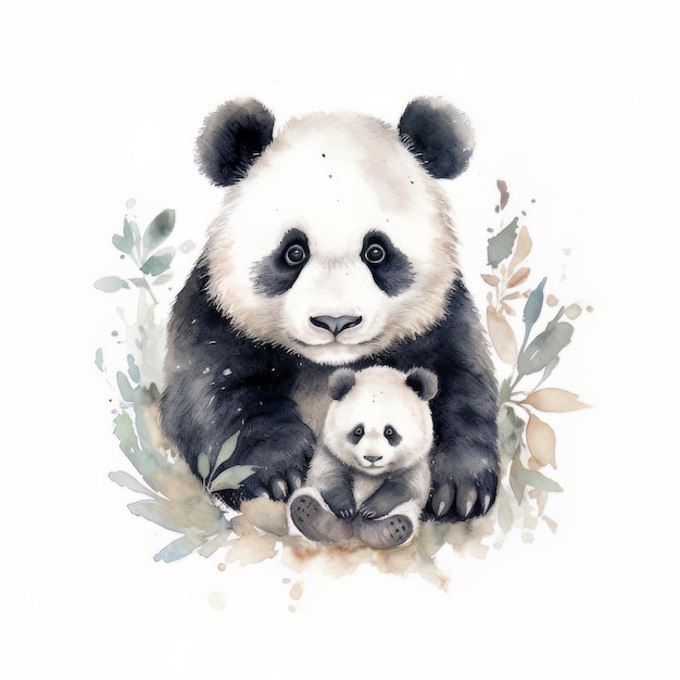 Ein Aquarellgemälde einer Pandabärin und ihres Jungen.