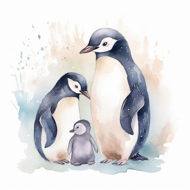 Foto ein aquarellgemälde einer pinguinfamilie