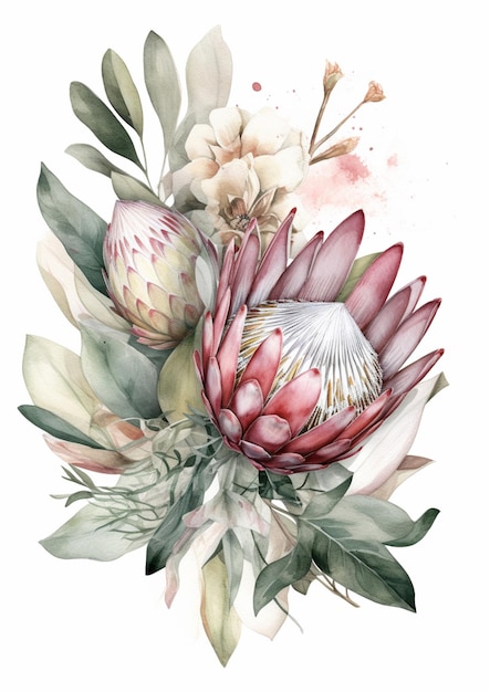 Ein Aquarellgemälde einer Protea und Blumen.