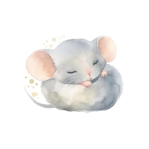 Foto ein aquarellgemälde einer schlafenden maus auf weißem hintergrund.