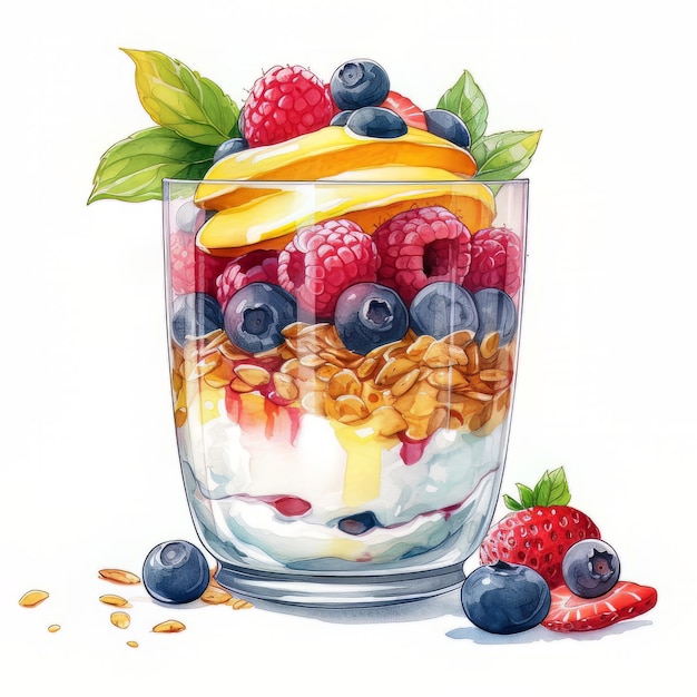 Ein Aquarellgemälde einer Schüssel Müsli und Blaubeeren.