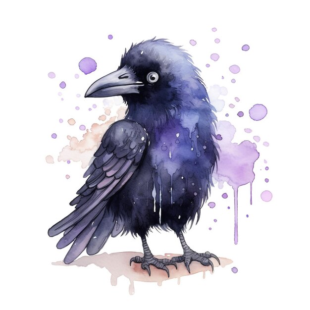 Ein Aquarellgemälde einer schwarzen Krähe mit violetten Farbspritzern darum herum.