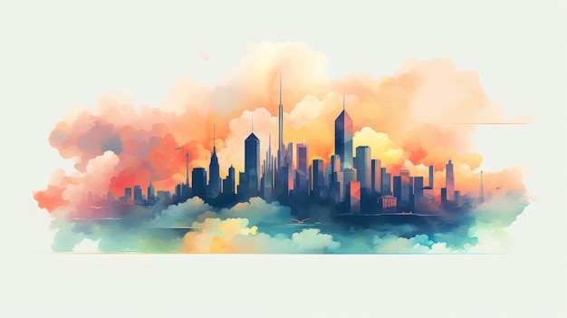 ein Aquarellgemälde einer Skyline.