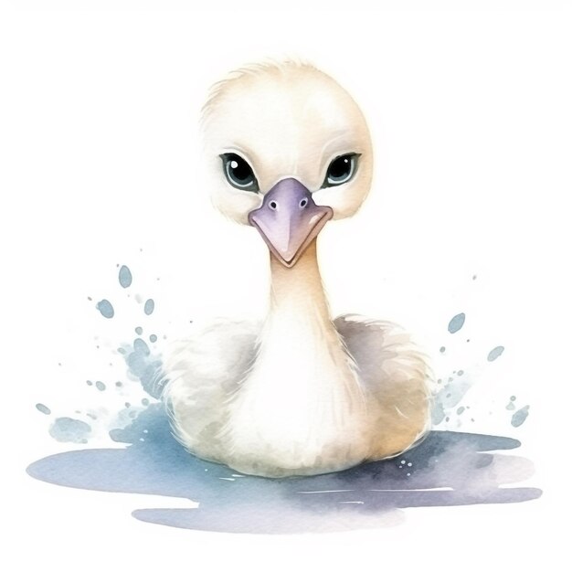 Ein Aquarellgemälde einer weißen Ente mit blauen Augen.