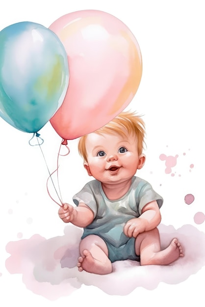 Ein Aquarellgemälde eines Babys mit Luftballons