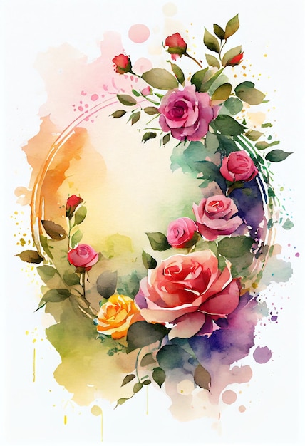 Ein Aquarellgemälde eines Blumenrahmens mit einem Kranz aus Rosen.