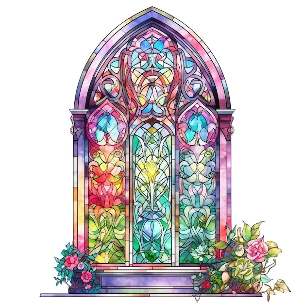 Ein Aquarellgemälde eines Buntglasfensters mit Rosen.