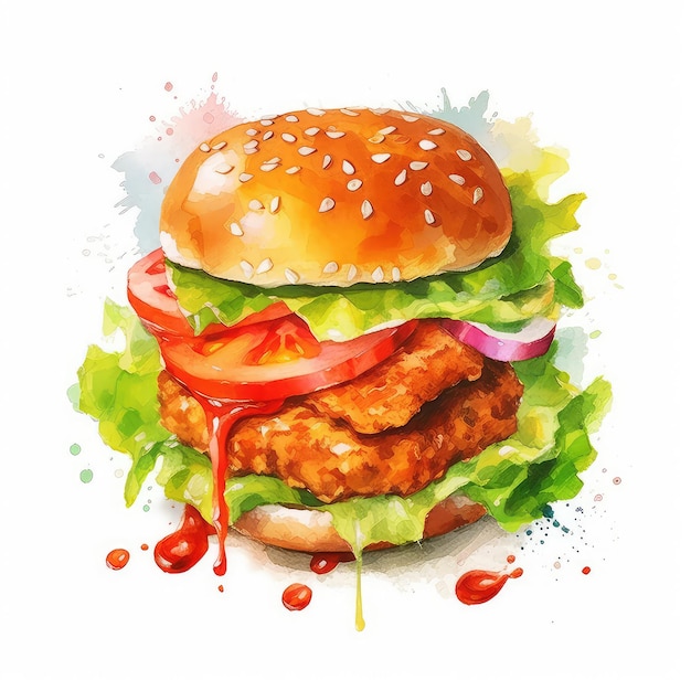 Ein Aquarellgemälde eines Burgers mit Tomate und Salat.