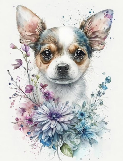 Ein Aquarellgemälde eines Chihuahua mit Blumen