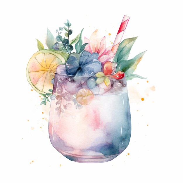 Foto ein aquarellgemälde eines cocktails mit blaubeeren und strohhalmen.