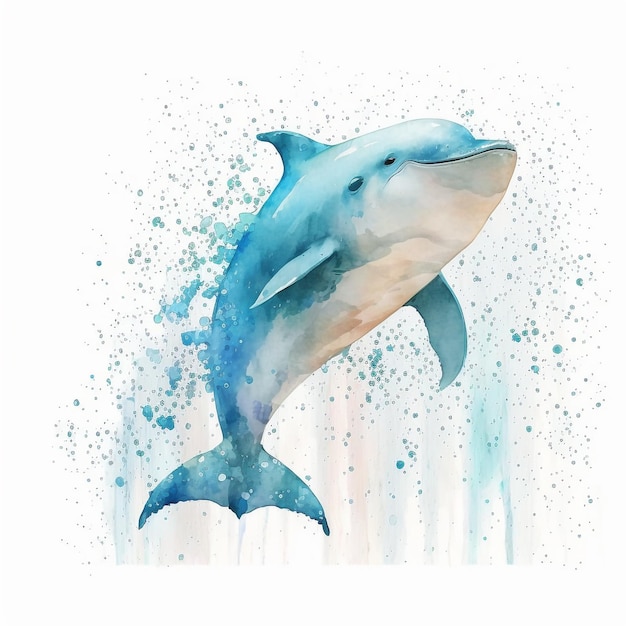 Ein Aquarellgemälde eines Delphins mit dem Wort Delphin auf der Unterseite.