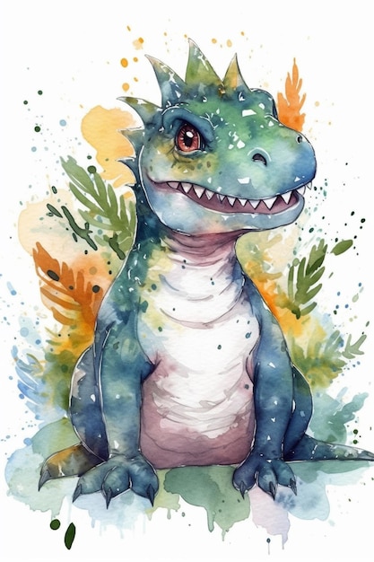 Ein Aquarellgemälde eines Dinosauriers mit grünem Schwanz und rotem Auge.