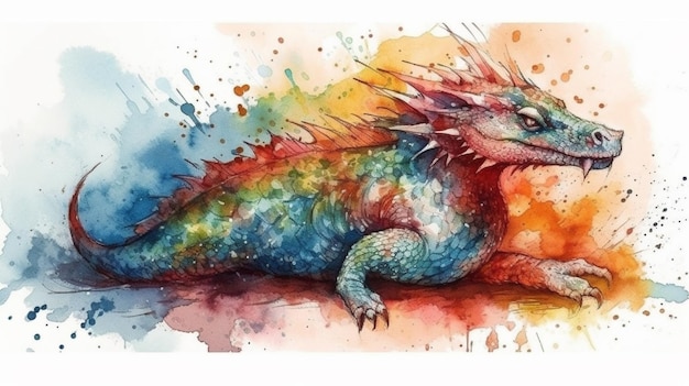 Ein Aquarellgemälde eines Drachen mit regenbogenfarbenem Schwanz. Generative KI