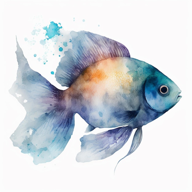 Ein Aquarellgemälde eines Fisches mit einem blau-weißen Schwanz.