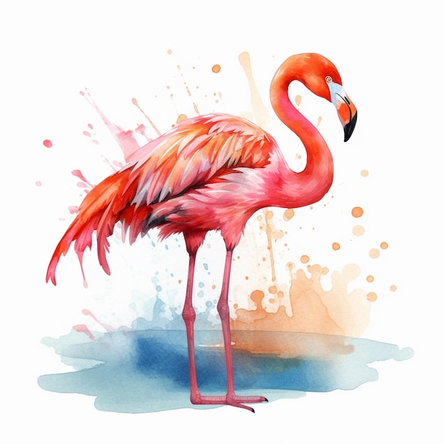 Ein Aquarellgemälde eines Flamingos mit rosa Körper und weißem Hintergrund.